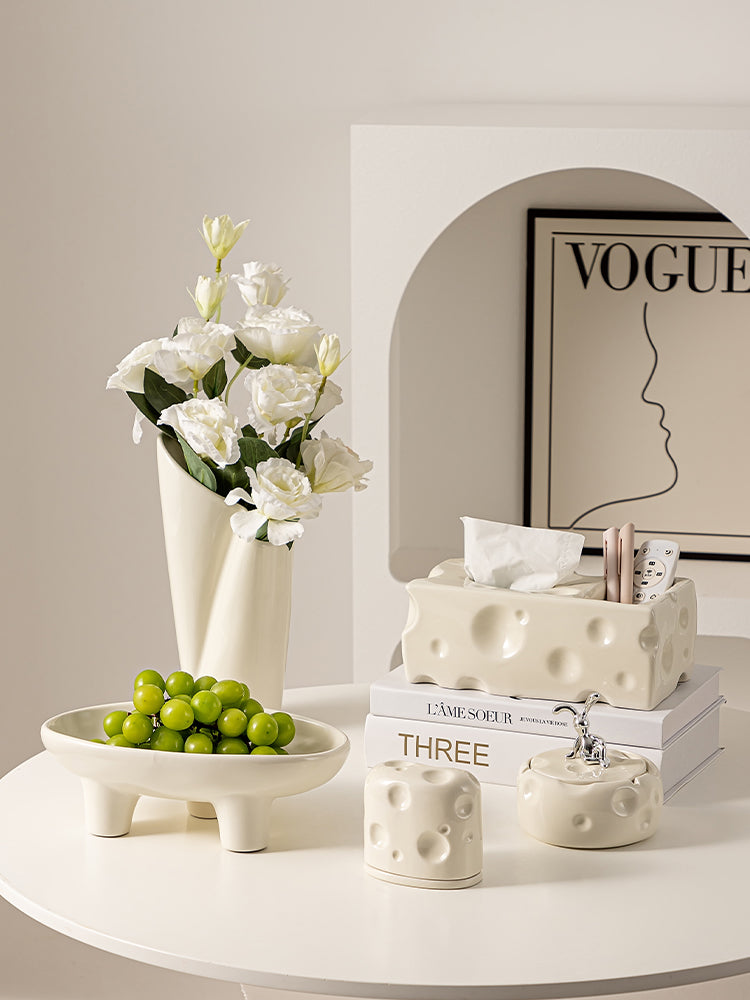 Cheese Style Luxury Ceramic Tissue Holder, Flowers Bouquet Vase, Living Room Organizer