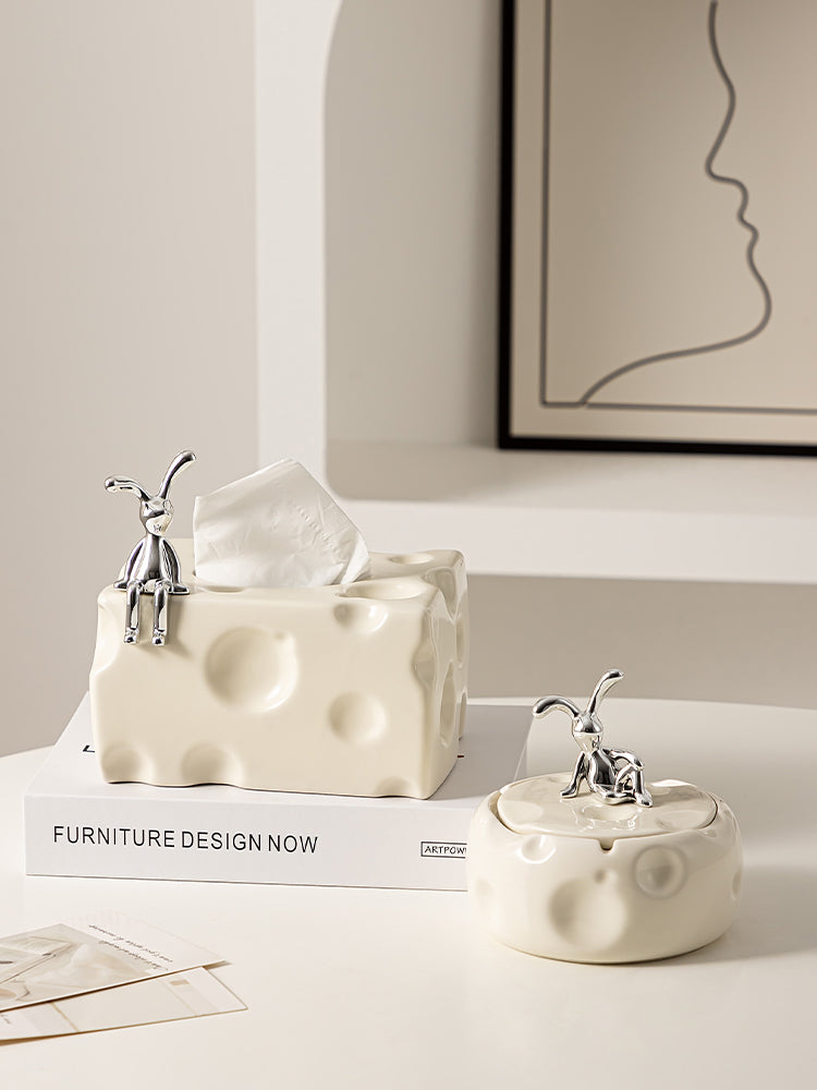 Cheese Style Luxury Ceramic Tissue Holder, Flowers Bouquet Vase, Living Room Organizer
