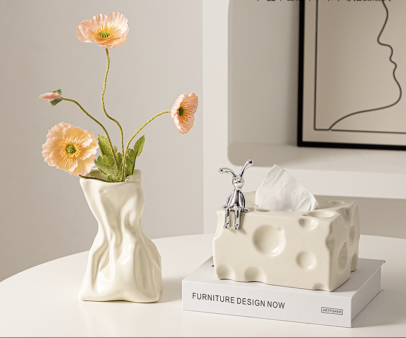 Cheese Style Luxury Ceramic Tissue Holder, Flowers Bouquet Vase, Living Room Organizer